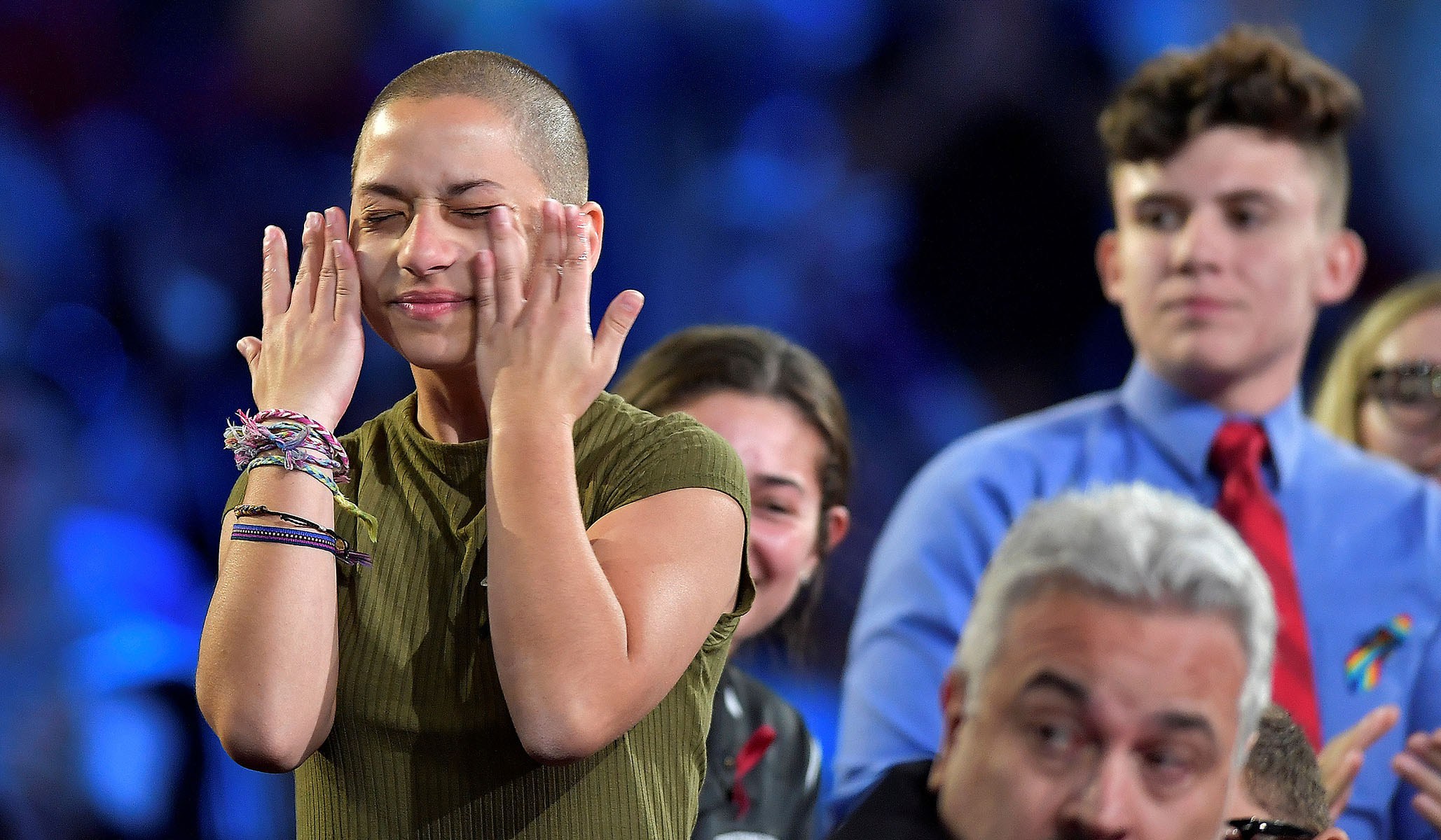 Marjory Stoneman Douglas High School student Emma Gonzalez wipes away tears during a CNN town hall meeting, at the BB&T Center, in Sunrise