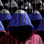 Group of hooded hackers shining through a digital russian flag