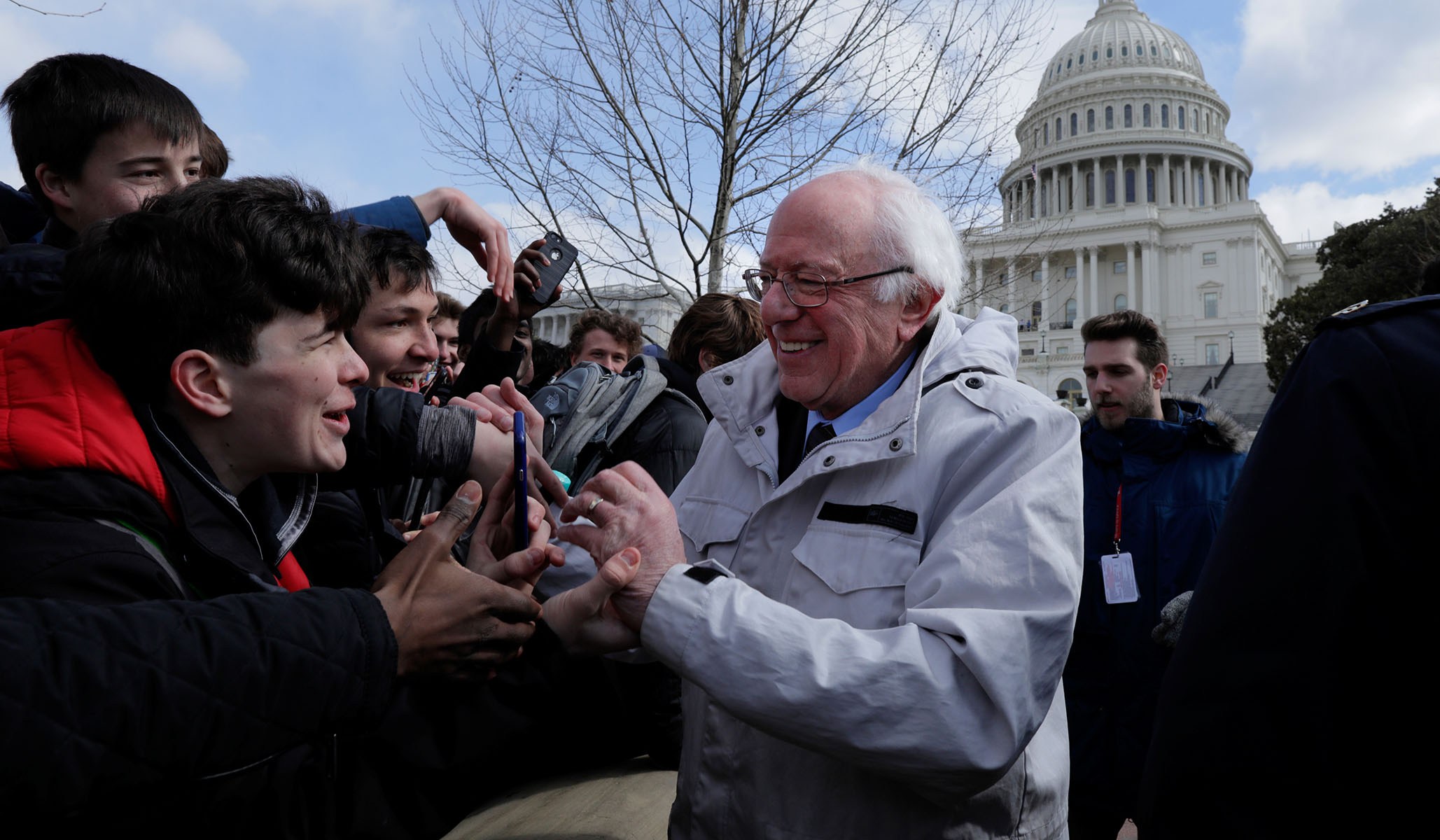 Senator Sanders greets students outside US Capital