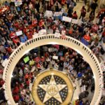 Teachers pack state Capitol rotunda to capacity during teacher walkout in Oklahoma City