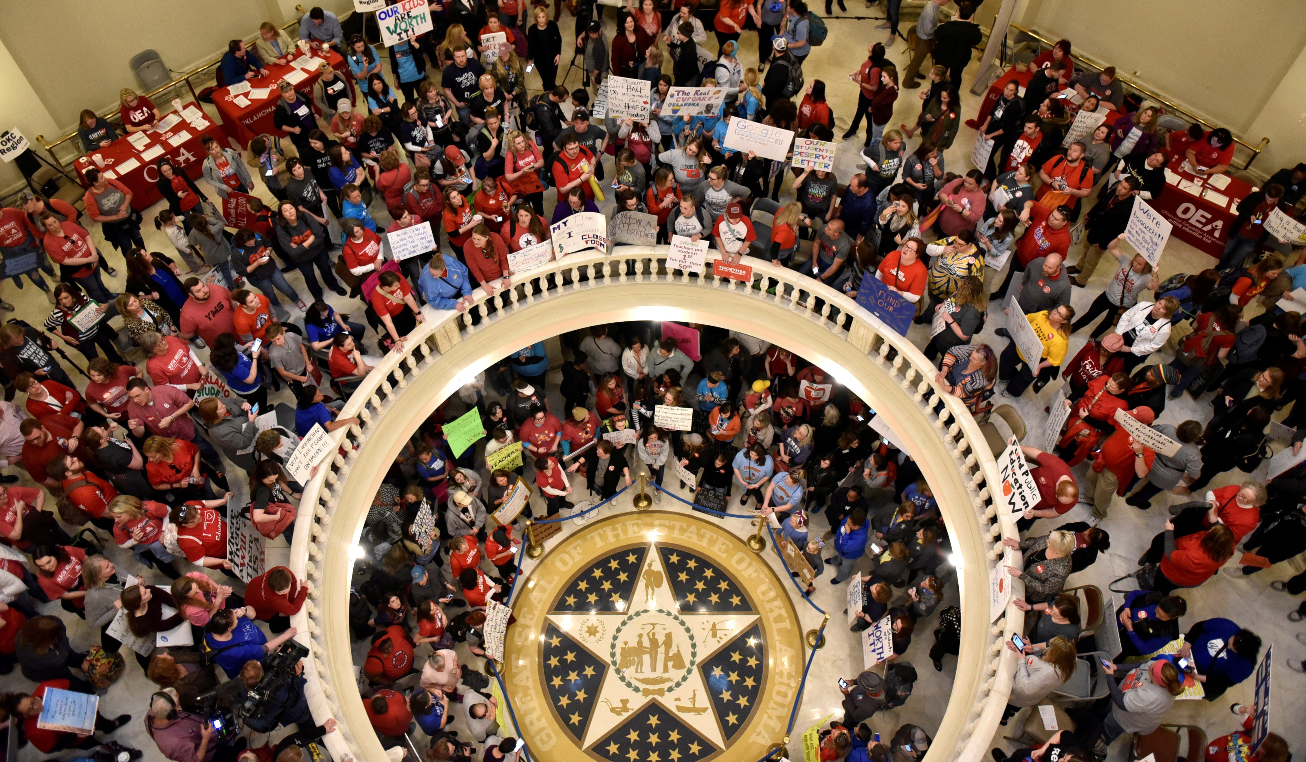 Teachers pack state Capitol rotunda to capacity during teacher walkout in Oklahoma City