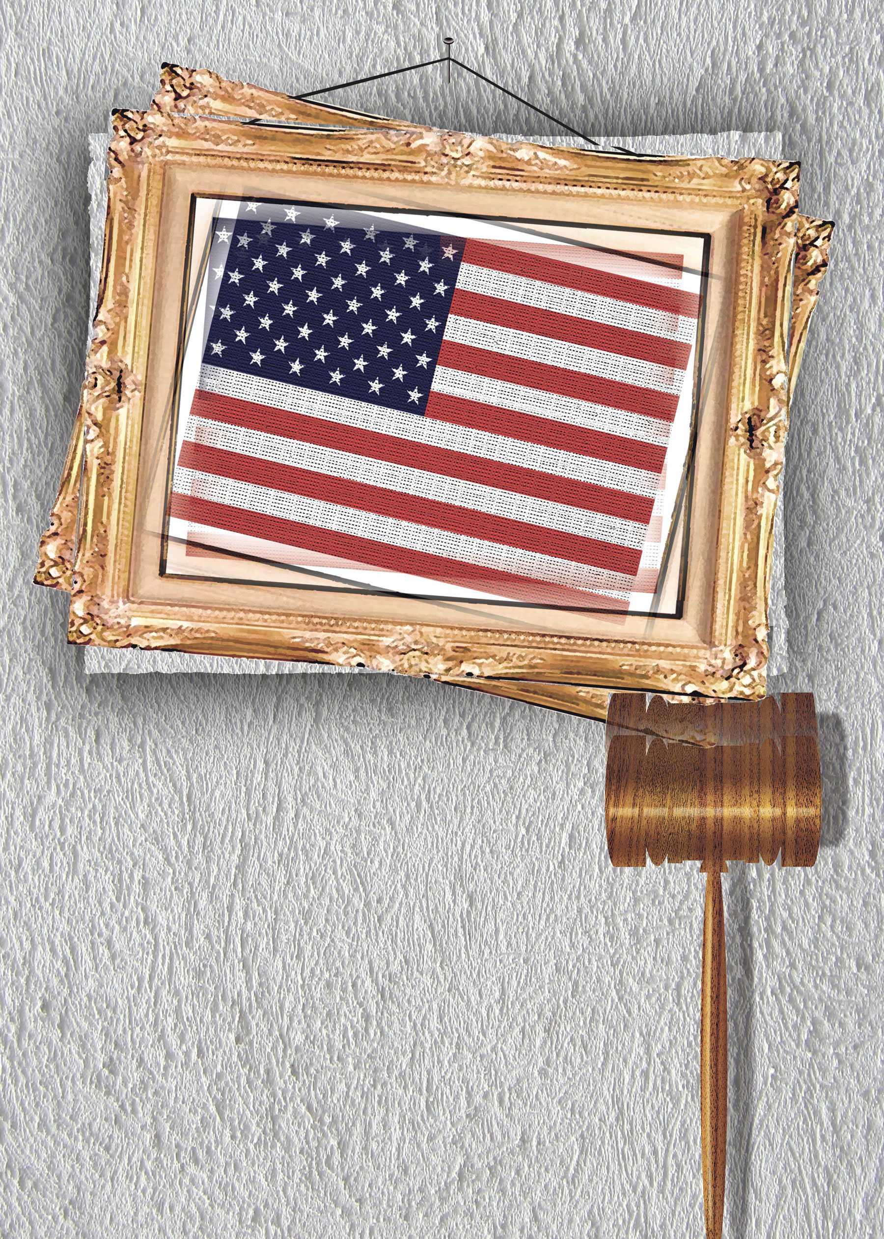Photo of layers of US flag, fabric & frames