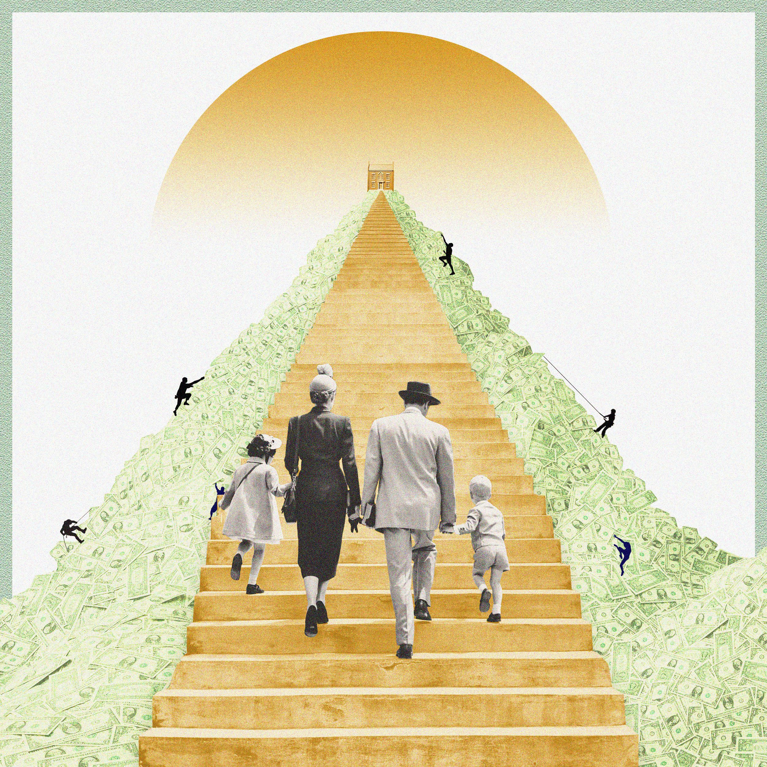 family climbing the golden staircase