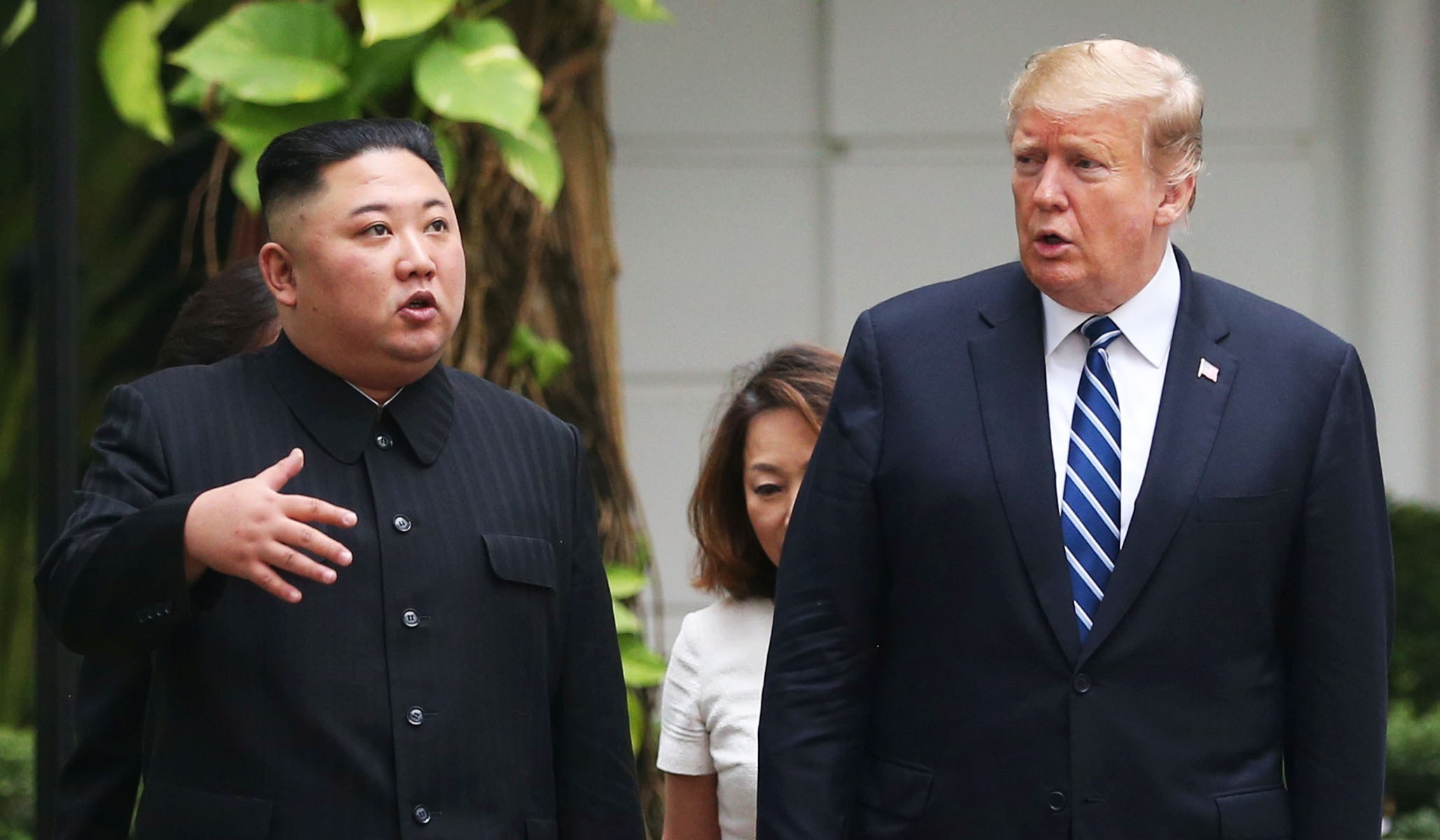 North Korea's leader Kim Jong Un and U.S. President Donald Trump talk in the garden of the Metropole hotel during the second North Korea-U.S. summit in Hanoi, Vietnam February 28, 2019. REUTERS/Leah Millis - RC1FDD0BCA40