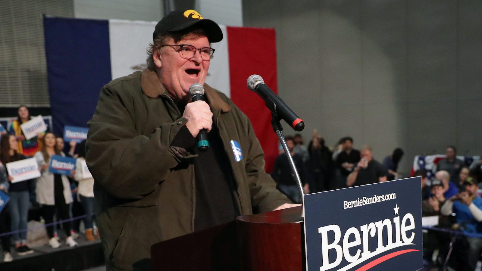Michael Moore speaks at Bernie Sanders rally
