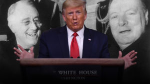 Prez. Trump - Churchill & Rosevelt on screen behind