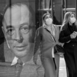CS Lewis's face superimposed over people walking with masks