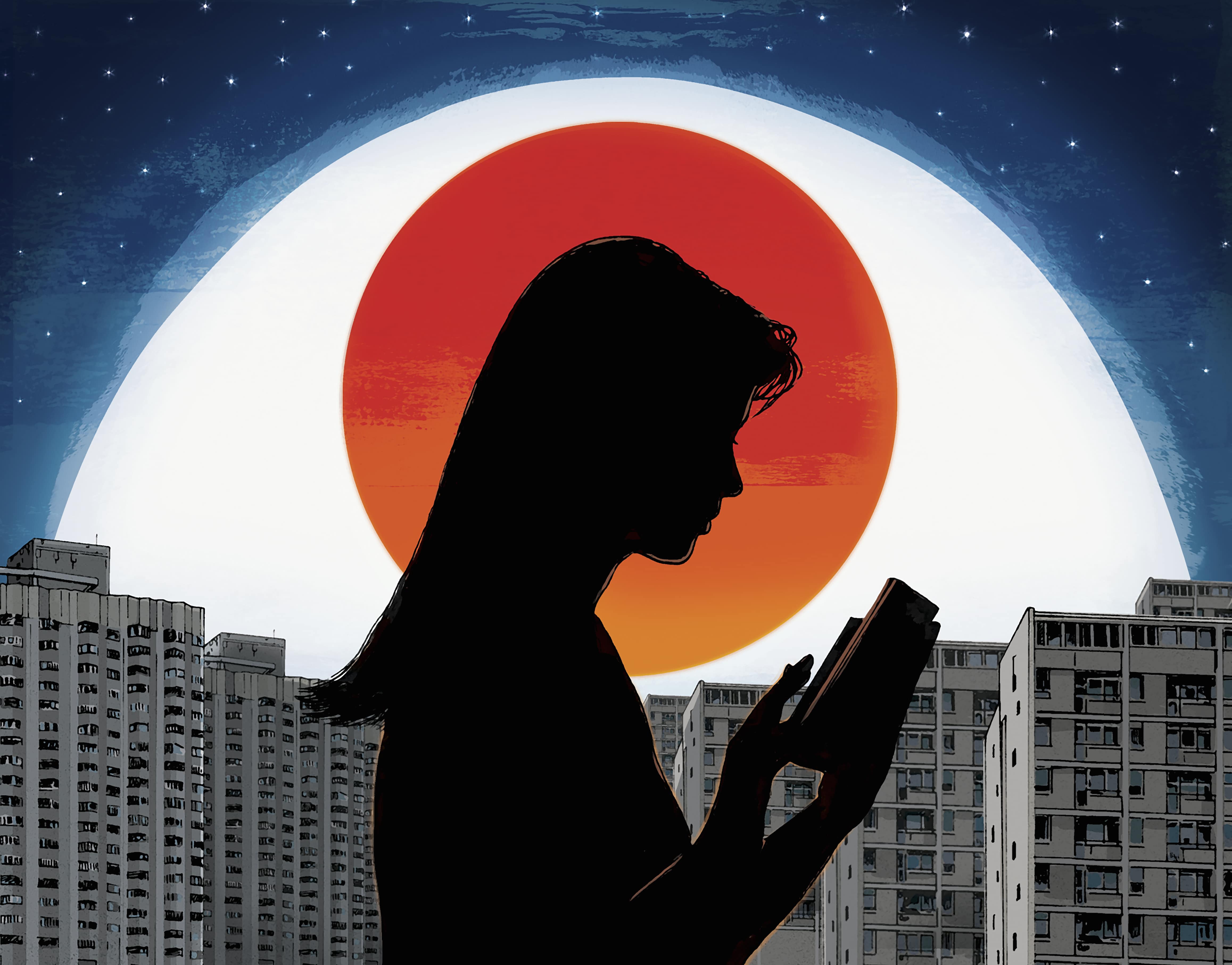 Woman reading - night cityscape