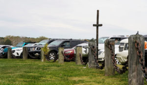 People attend Easter Sunday church services in the cars in, Maryland