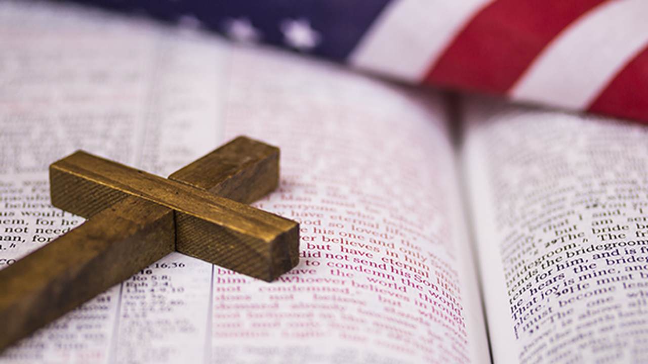 open Bible w cross & flag