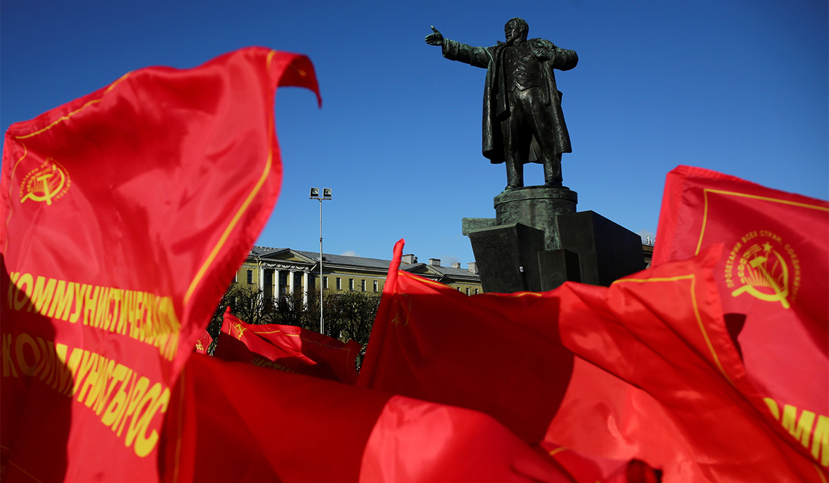 Stalin statue w/ Soviet flags