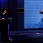 Wide shot of debate stage - Trump & Biden