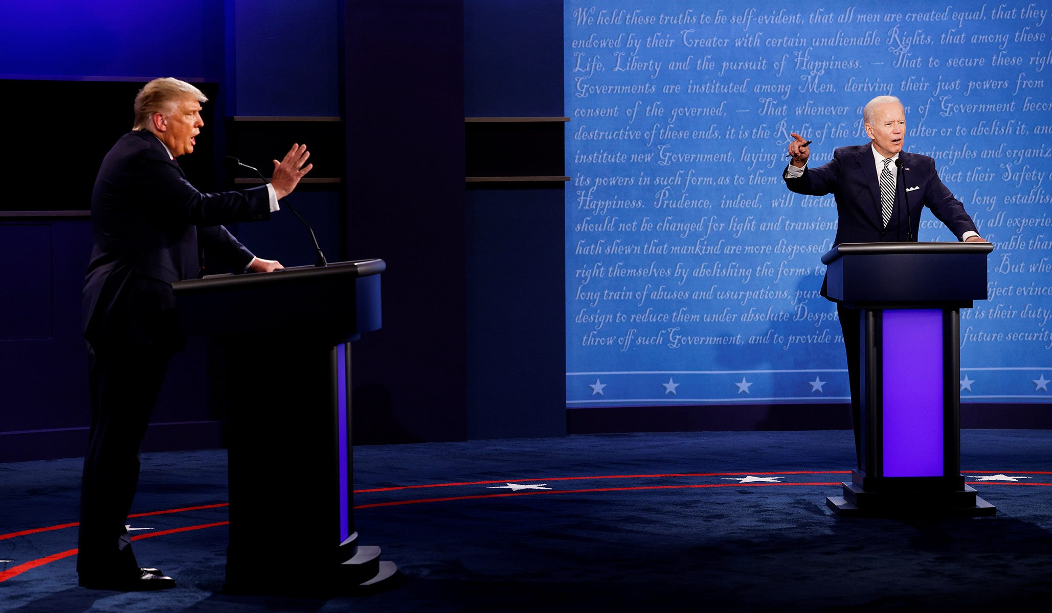 Wide shot of debate stage - Trump & Biden