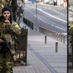 Woman Ukranian soldier reflected in window