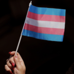 Female hand waving little Trans flag