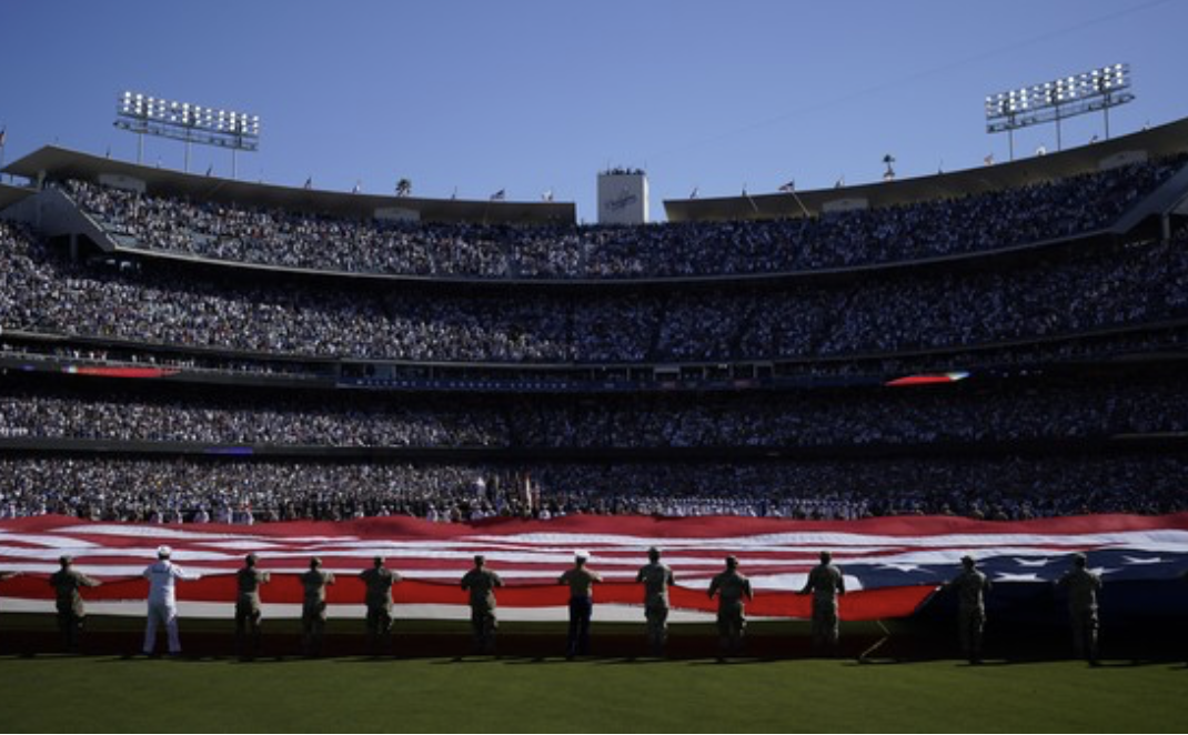 Packed Baseball Stadium giant US Flag