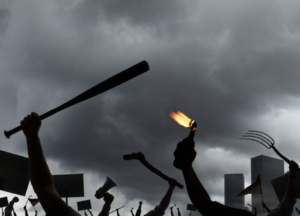 People raising bats, moltov coctails , and pitch forks