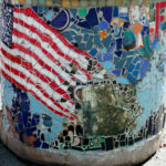 tile mosaic of tattered US Flag on a trash can