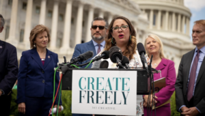 Lorie Smith owns 303 Creative stand on steps of SCOTUS
