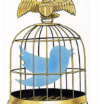 Twitter logo in a gilded US Eagle topped cage