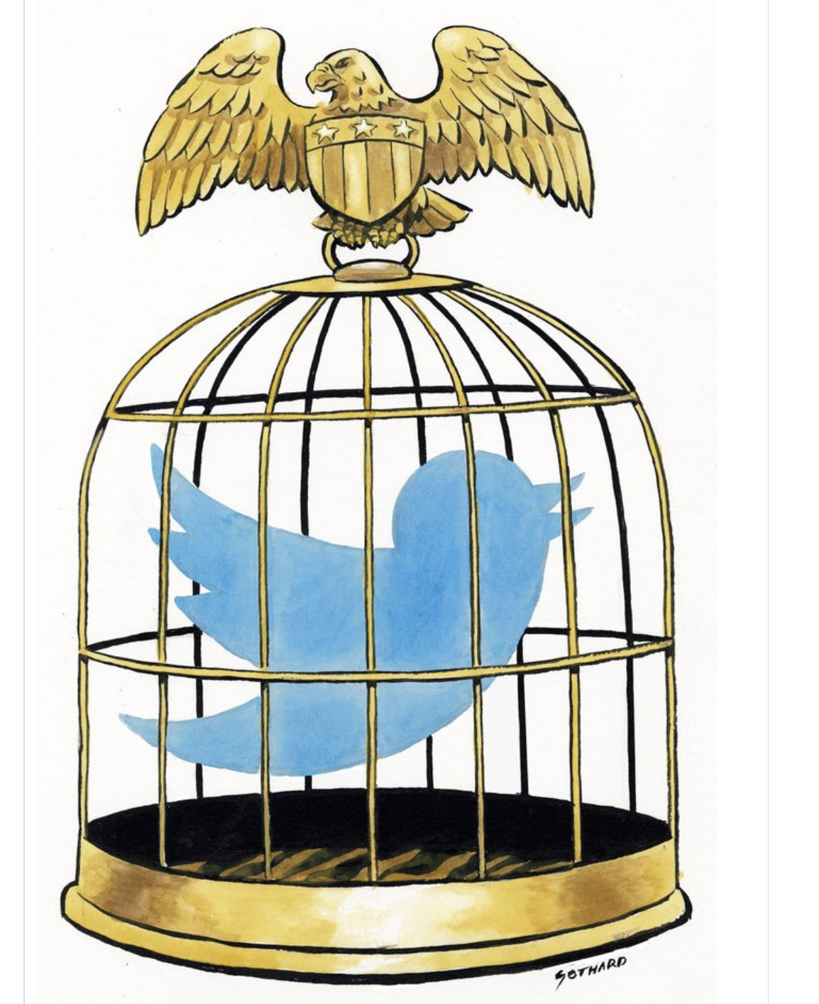 Twitter logo in a gilded US Eagle topped cage