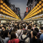 crowded pedestrian street, lanterns - Japan