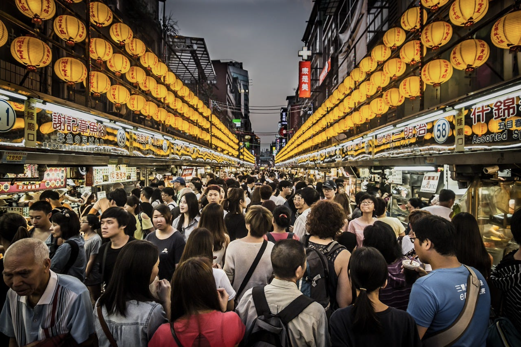 crowded pedestrian street, lanterns - Japan