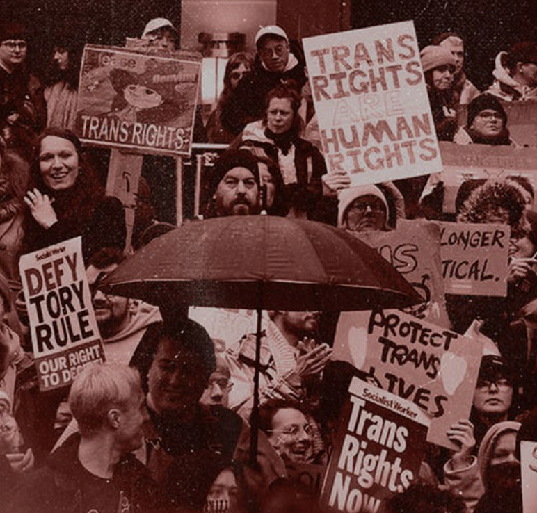 trans-rights student protesters - sepia