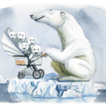 Graphic of Polar bear w shopping cart of baby polar bears