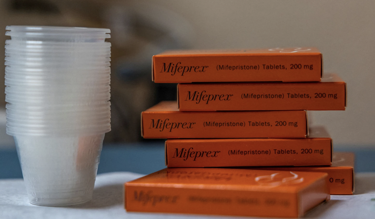 boxes of Mifepristone and cups