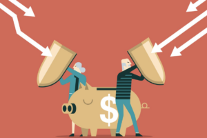 People with shields protecting piggy bank - graphic