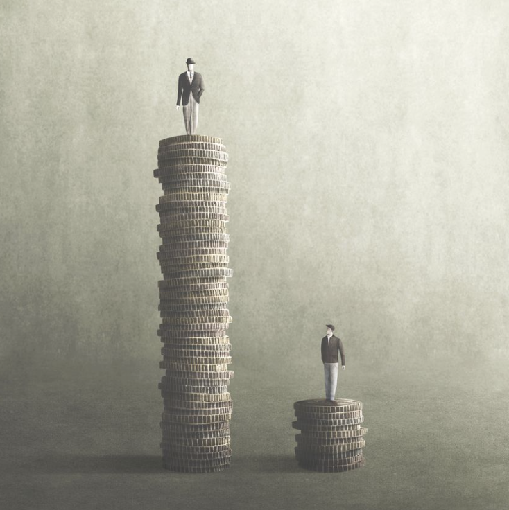 2 men standing on 2 stacks of coins-richer and poorer