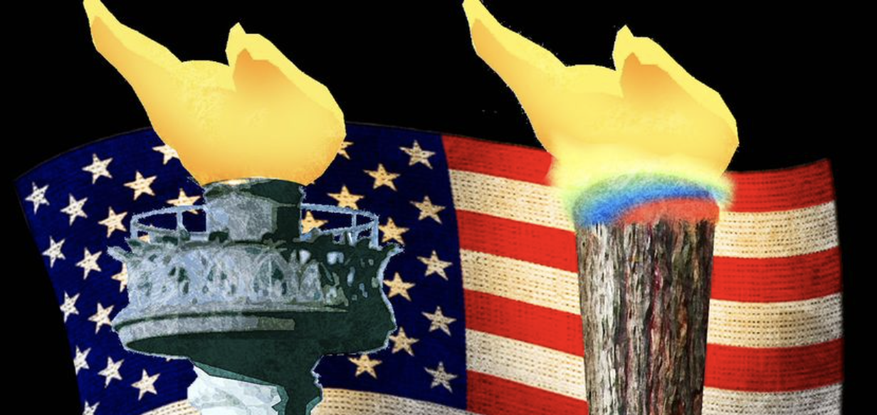 Graphic - US flag - 2 torches - statue of Liberty and gay pride