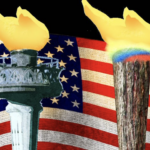 Graphic - US flag 2 torches statue of Liberty and gay pride