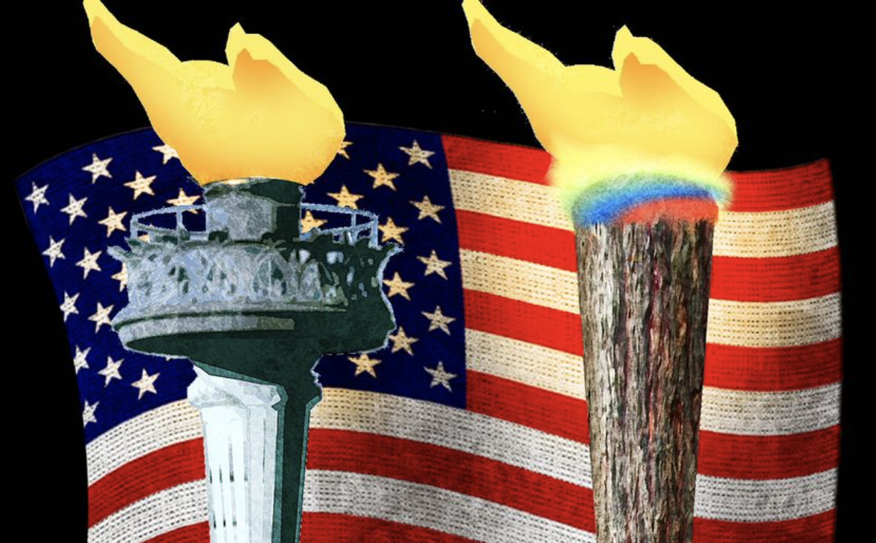 Graphic - US flag 2 torches statue of Liberty and gay pride