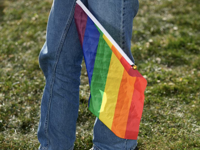 Person holding rainbow flag
