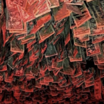 dollar bills hanging red lit