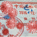 passport page with China stamp overlaid with COVID virus