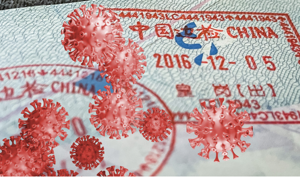 passport page with China stamp overlaid with COVID virus