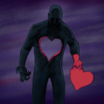 dark graphic monster holding his own dripping heart