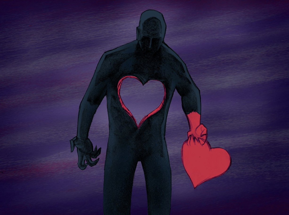 dark graphic monster holding his own dripping heart