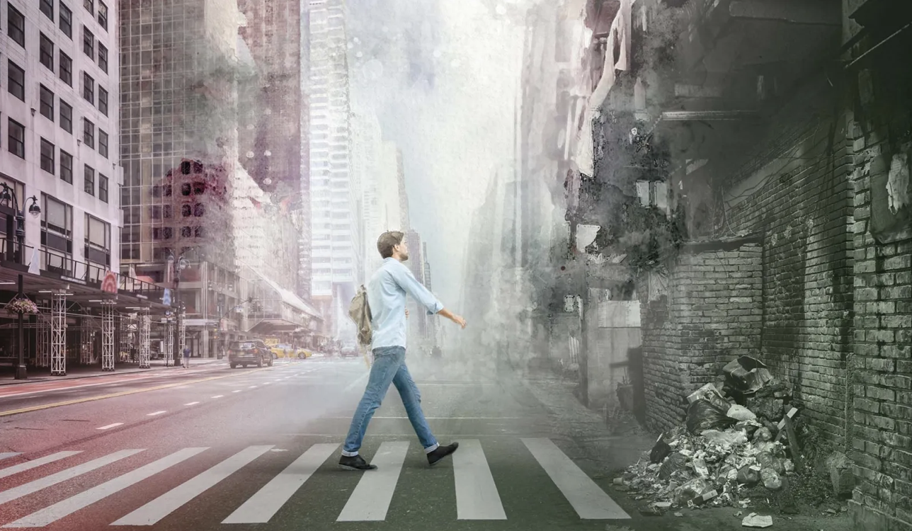 man in crosswalk from civilization to rubble
