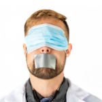 man in labcoat blinded by mask mouth taped