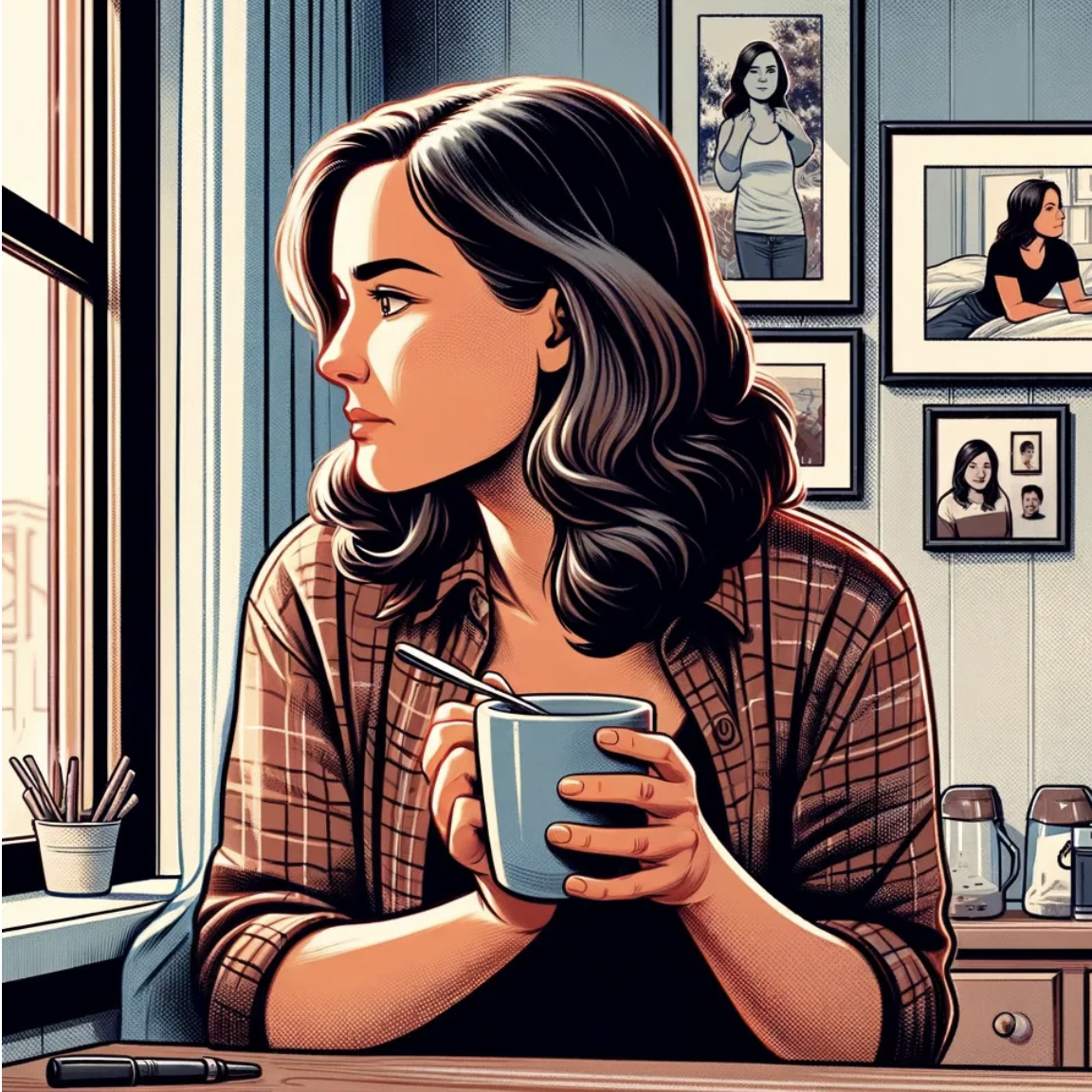 Graphic art of woman drinking coffee