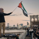 Palestinian supporter on Brooklyn Bridge