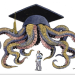 graphic image - large multi-tentacled beast in miterboard cap over student