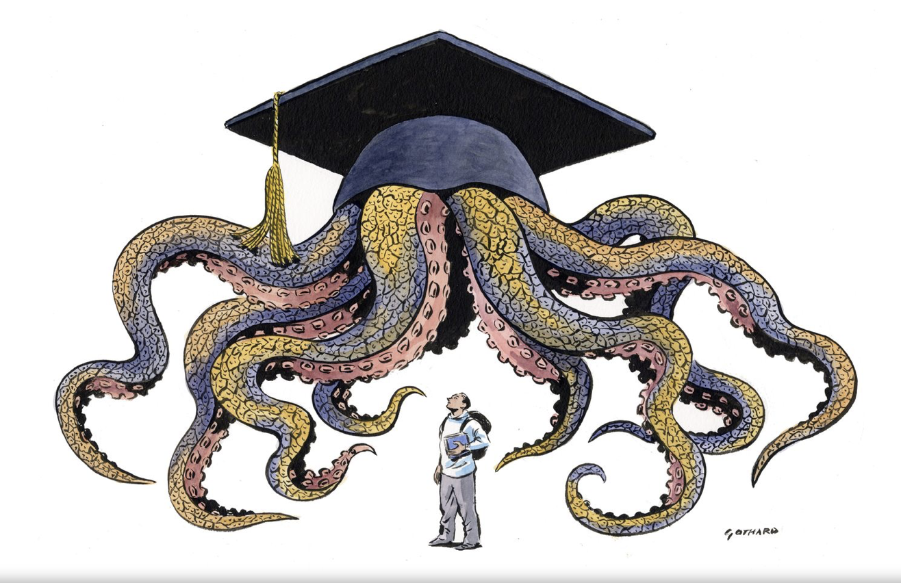graphic image - large multi-tentacled beast in miterboard cap over student