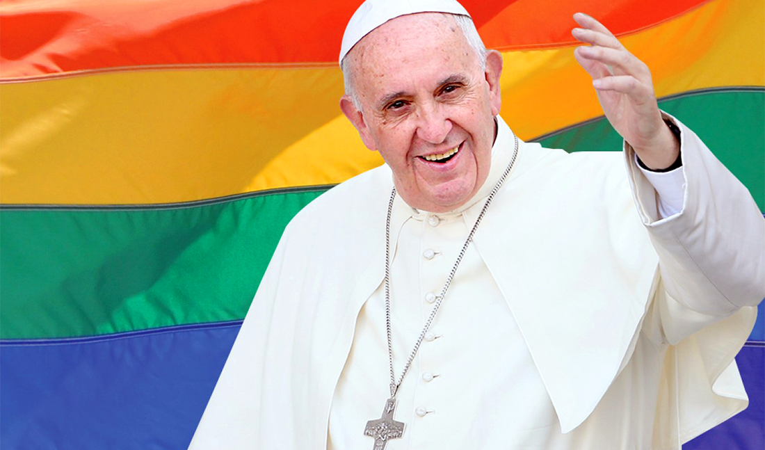 pope wrapped in gay pride flag