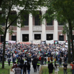 large group of pro-hamas protesters on Harvard Campus
