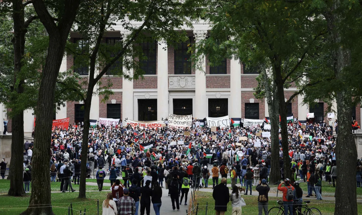 large group of pro-hamas protesters on Harvard Campus